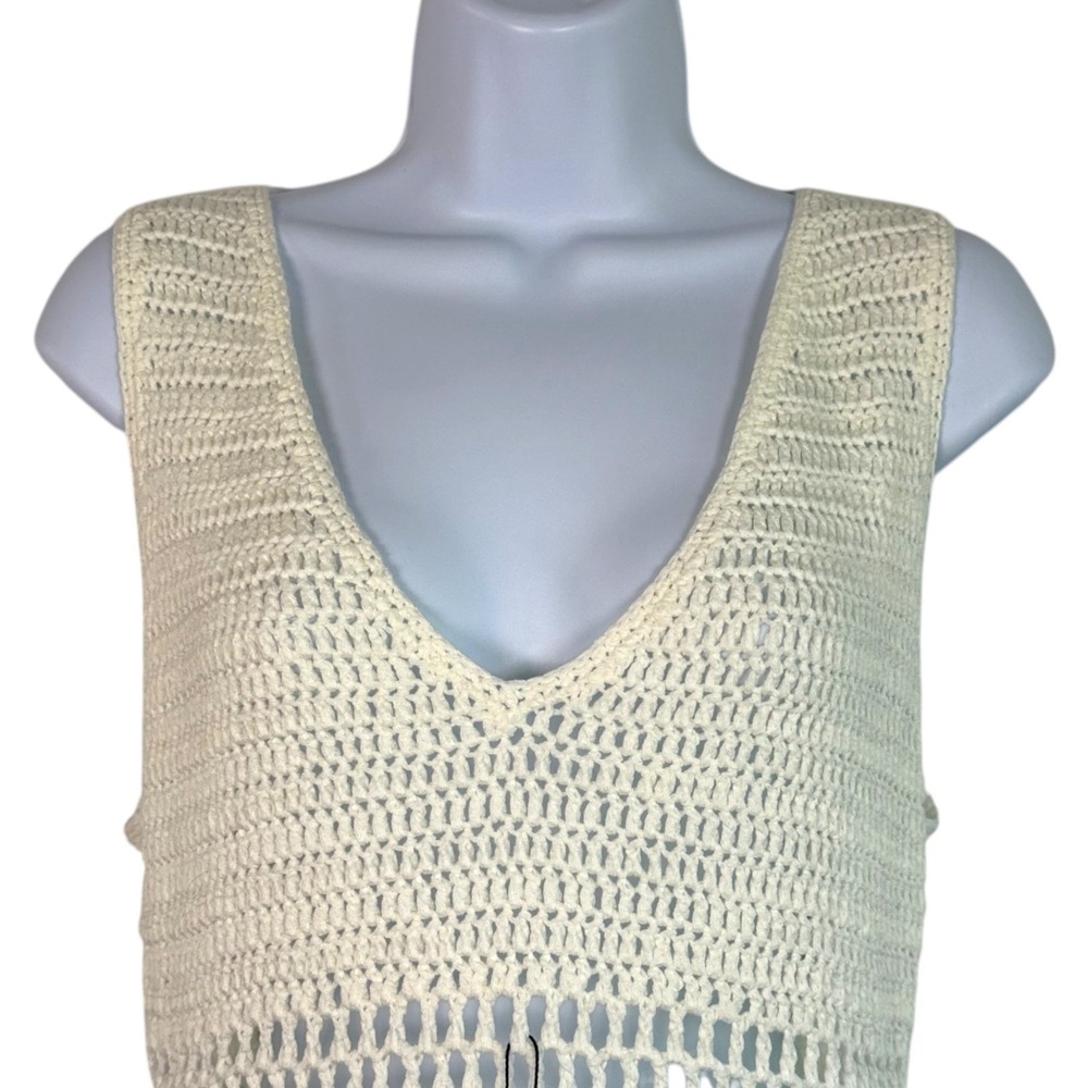 Superdown Open Knit Crochet Mini Dress Sz L Ivory Boho Beach Cover Up Festival - Picture 3 of 10